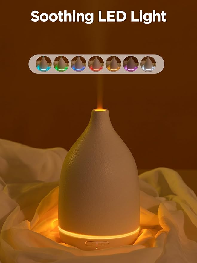 InnoGear Oil Diffuser, 150ML Ceramic Diffuser for Essential Oils Handcrafted Aromatherapy Diffuser Ultrasonic Cool Mist Humidifier with 2 Mist Modes Waterless Auto Off for Room Office, White Base-BubblyBeeBaby