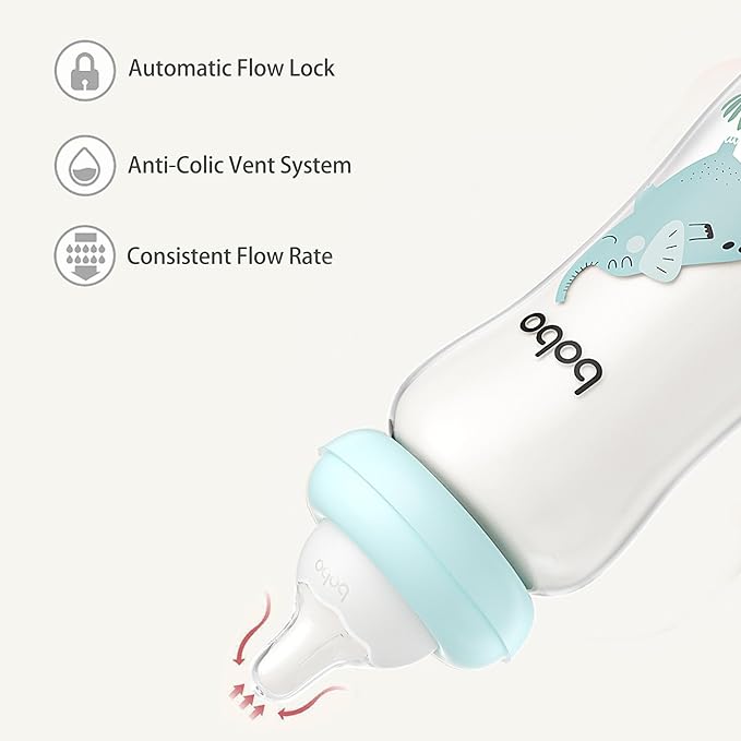 YOHKOH Natural Glass Baby Bottle with Natural Response Nipple, Newborn Anti-Colic Baby Bottles, Wide Neck Mushroom Cap Baby Bottle, Clear (8.8ounce (Pack of 4), Blue2)-BubblyBeeBaby