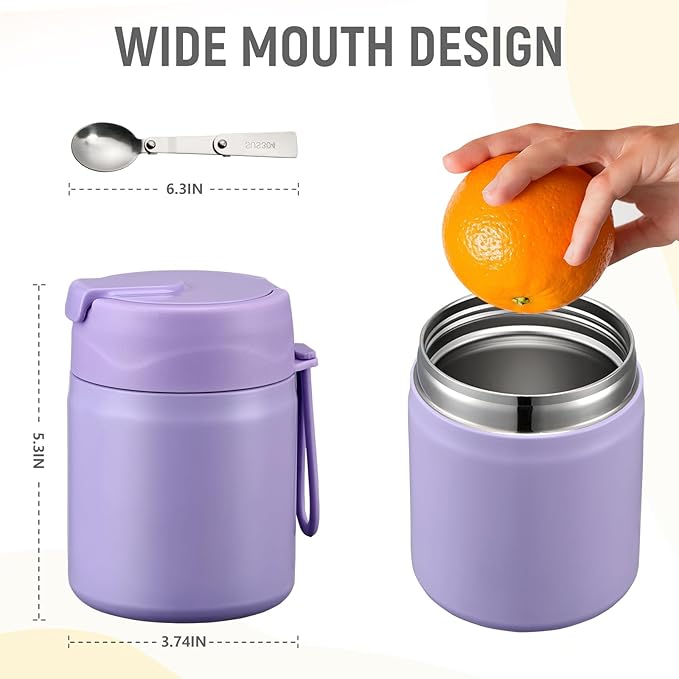 17oz Soup Thermo for Hot Food Kids Insulated Vacuum Food Jar with Stainless Steel Spoon Wide Mouth Thermo Leakproof Lunch Food Container Kids Hot Lunch Box (Purple)-BubblyBeeBaby