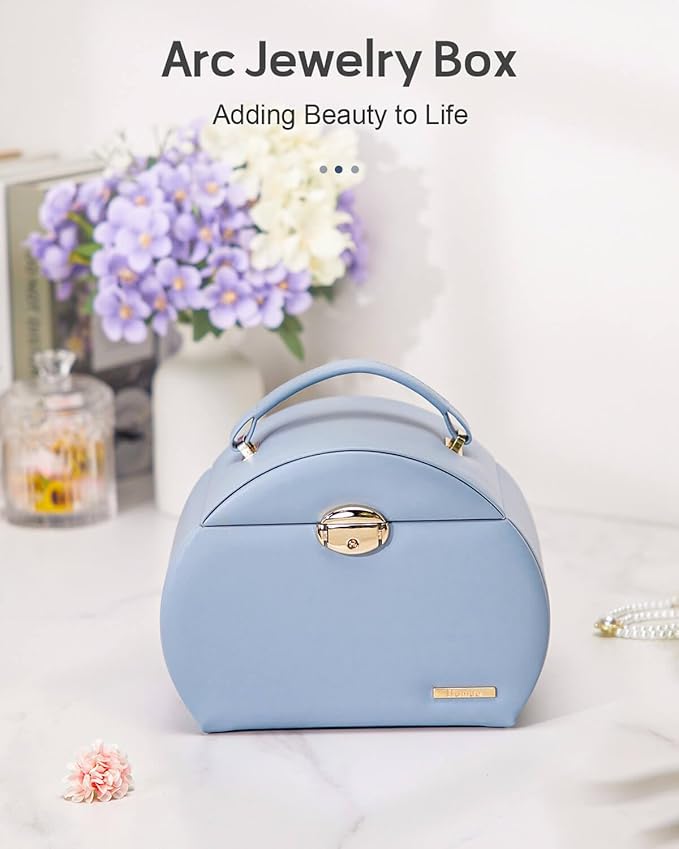 Homde Girls Jewelry Box Jewelry Storage Case Organizer Faux Leather with Mirror for Rings, Earrings, Bracelets, Necklaces (Grey Blue)-BubblyBeeBaby