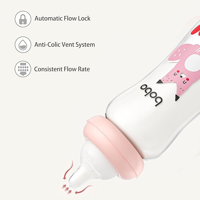 YOHKOH Natural Glass Baby Bottle with Natural Response Nipple, Newborn Anti-Colic Baby Bottles, Wide Neck Mushroom Cap Baby Bottle, Clear (8.8ounce (Pack of 2), Multicolour2)-BubblyBeeBaby