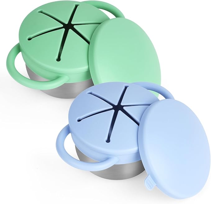 2 Pack Snack Cups for Toddlers Spill Proof - Detachable Stainless Steel Toddler Snack Cups with Silicone Lids & Handles - Dishwasher Safe Baby Snack Containers for Mess-Free Snacking (Blue and Green)-BubblyBeeBaby