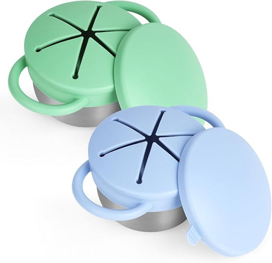 2 Pack Snack Cups for Toddlers Spill Proof - Detachable Stainless Steel Toddler Snack Cups with Silicone Lids & Handles - Dishwasher Safe Baby Snack Containers for Mess-Free Snacking (Blue and Green)-BubblyBeeBaby