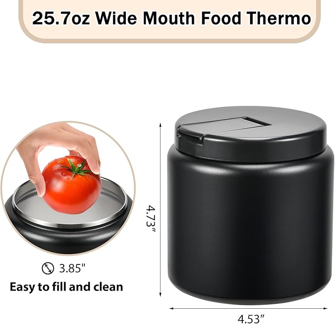 26oz Kids Thermos for Hot Food, Insulated Vacuum Food Jar with Buckle Lid, Stainless Steel Wide Mouth Leak Proof Insulated Lunch Container for School Picnic Travel, Black-BubblyBeeBaby