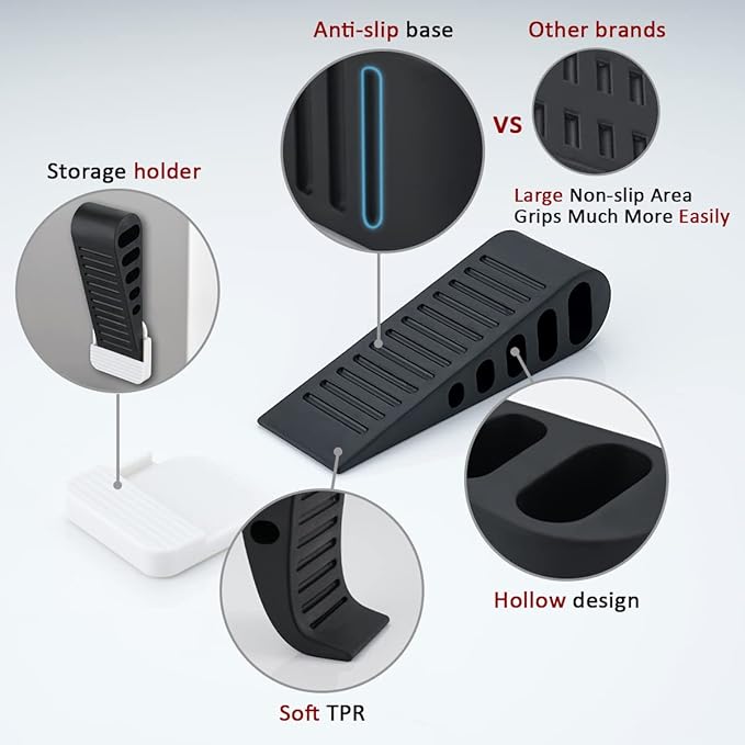 JQK Rubber Door Stopper Wedge, Black 2 Pack Soft TPR Premium Door Stops for Bottom of Heavy Duty Door on Tile, Concrete, Carpet, Wooden Floor, DSB61-BK-P2-BubblyBeeBaby