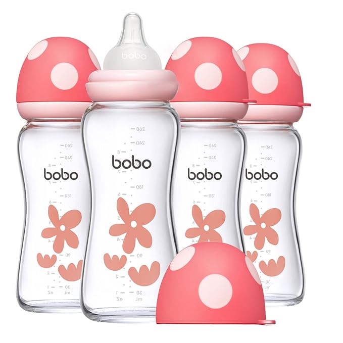 YOHKOH Natural Glass Baby Bottle with Natural Response Nipple, Newborn Anti-Colic Baby Bottles, Wide Neck Mushroom Cap Baby Bottle, Clear (Red, (8.8oz (Pack of 4))-BubblyBeeBaby