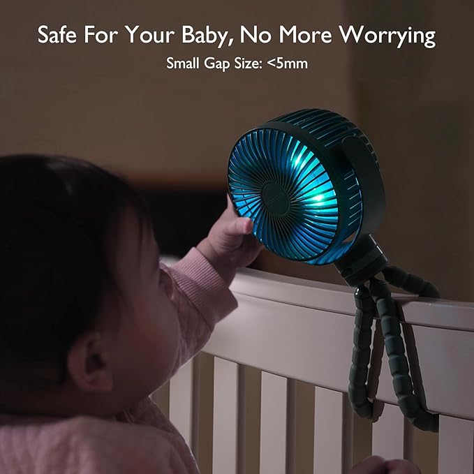 Momcozy Portable Stroller Fan, 8000mAh, 27H Ultra-long Battery Life, Detachable 4 Speed 360°Rotate, LED Night Light with 2 Modes, USB Rechargeable Handheld Cooling Fan for Travel, Car Seat, Bedroom-BubblyBeeBaby