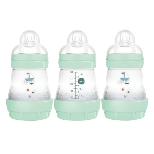 MAM 5oz Easy Start Anti-Colic Baby Bottles, Slow Flow, Breastfeeding-Like Silicone Nipple Bottle, Reduces Colic, Gas, & Reflux, Easy-to-Clean, BPA-Free, Vented Baby Bottles for Newborns, 0-3 Months-BubblyBeeBaby