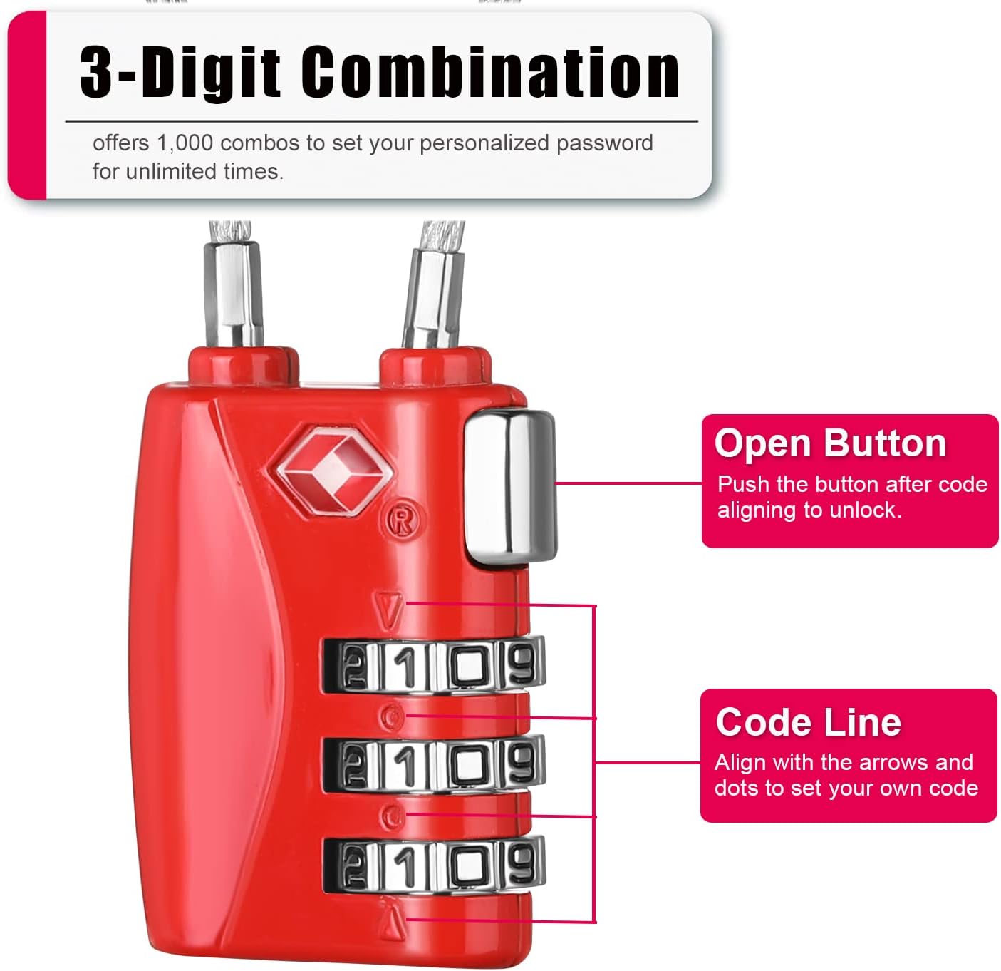 ZHEGE Luggage Lock TSA Approved 3 Dight Combination Padlock for Suitcase, Baggage, Backpack, Pistol Case (Red)