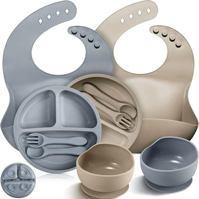 10 Pack Silicone Baby Feeding Set, Toddlers Led Weaning Feeding Supplies with Suction Baby Bowl Divided Plate Adjustable Bib Soft Silicone Spoon Fork, Infant Self Eating Utensil Set (Gray, Khaki)-BubblyBeeBaby