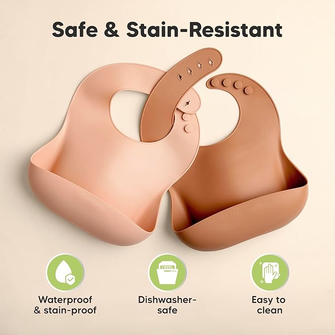 KeaBabies 2-Pack Silicone Baby Bibs for Eating - Sturdy Food-Grade Silicone Bibs for Babies Girl, Boy, Large Food Catcher, Clean & Put On Easily, Waterproof Toddler Feeding Essentials (Dusk)-BubblyBeeBaby