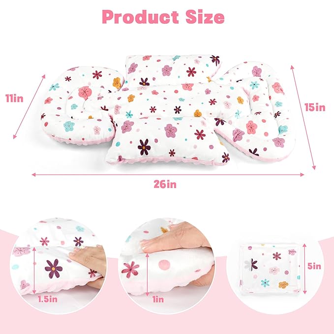 Infant Car Seat Insert with 3 Strap Covers, 3 in 1 Reversible Floral Baby Car Seat Head Support for Newborn, Baby Girl Newborn Essentials for Preemie to Infant, Stroller, Swing, Bouncer (Pink)-BubblyBeeBaby