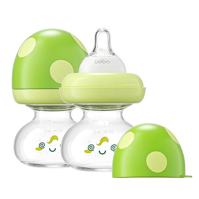 YOHKOH Newborn Glass Baby Bottles with Slow Flow Nipple for 0+ Months, Wide Neck Feeding Bottle, 2.7oz/80ml (Green, 2.7oz (Pack of 2))-BubblyBeeBaby