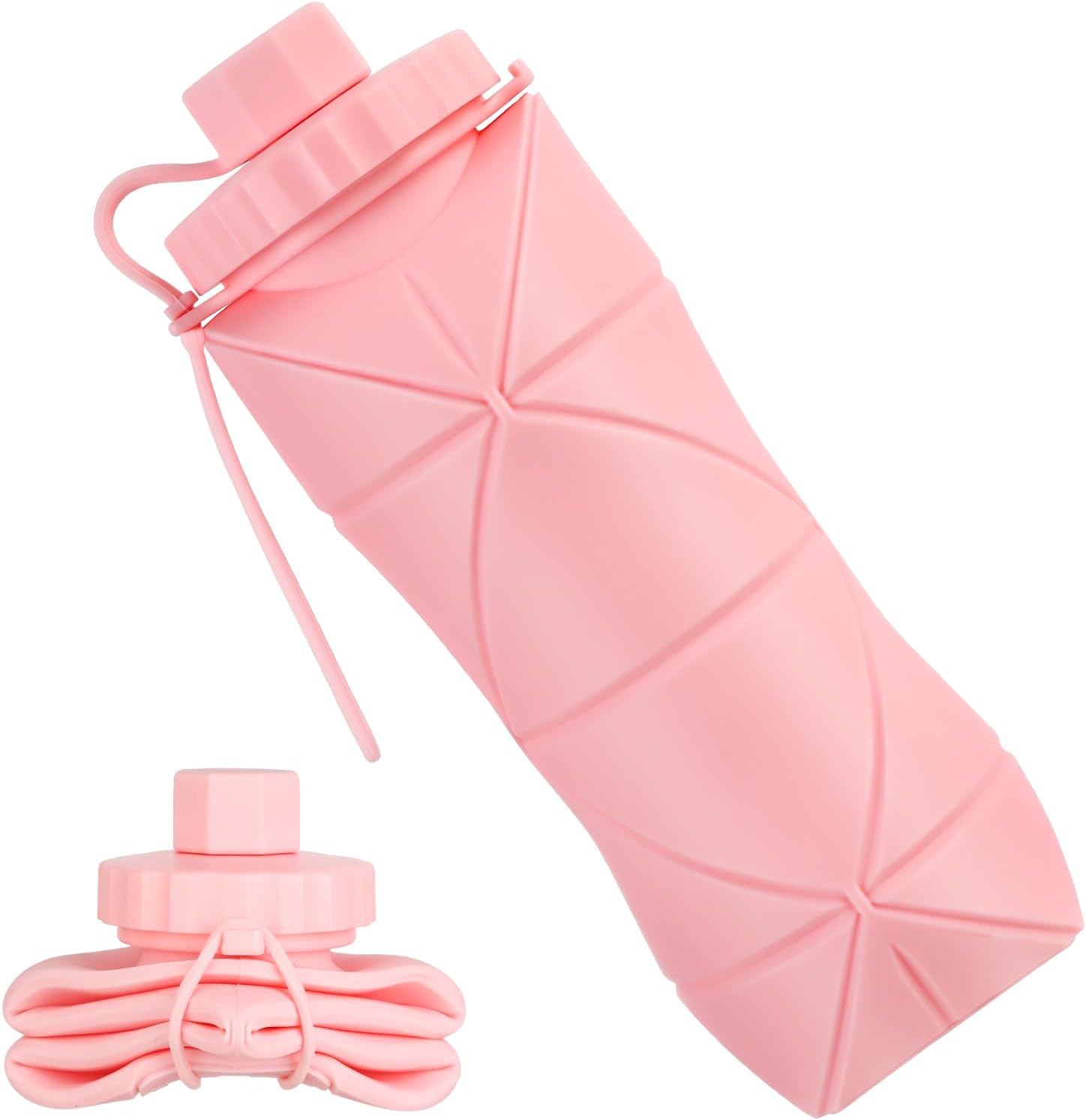 YCT Collapsible Silicone Travel Water Bottle 20oz (600ml), Reuseable Leakproof BPA Free Foldable Sports Bottle, with Carrying Strap, Pink