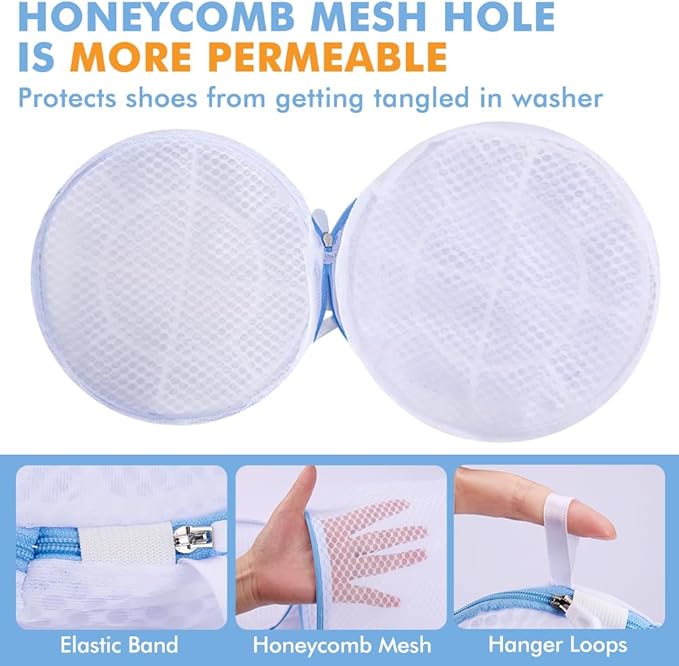 2 Pack Shoes Wash Bags,Shoe Washing Machine Bag,shoe laundry bag for washing machine，Honeycomb Mesh Laundry Bags with Zipper for Sneakers,Running Shoes,Sock,Bras,Delicates and Toys（14 in x 7.8 in）-BubblyBeeBaby