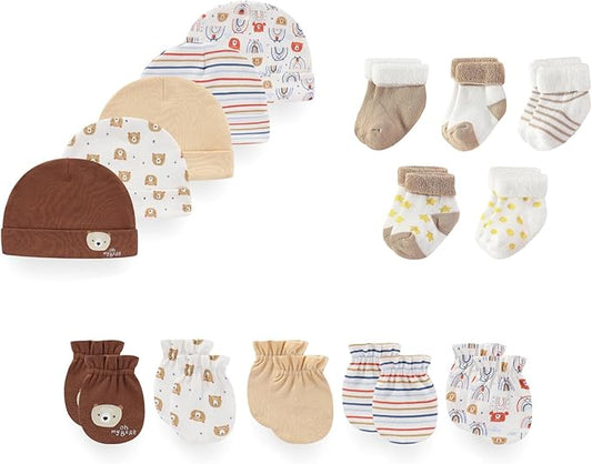 15 Pack Unisex New Born Boy Girls Hats Mittens Socks Sets Cotton Soft Infant Accessory 0-6 Months Baby Essentials-BubblyBeeBaby