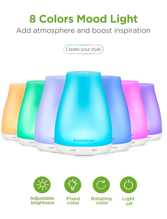 InnoGear Essential Oil Diffuser with Oils, 100ml Aromatherapy Diffuser with 6 Essential Oils Set, Aroma Cool Mist Humidifier Gift Set, White-BubblyBeeBaby