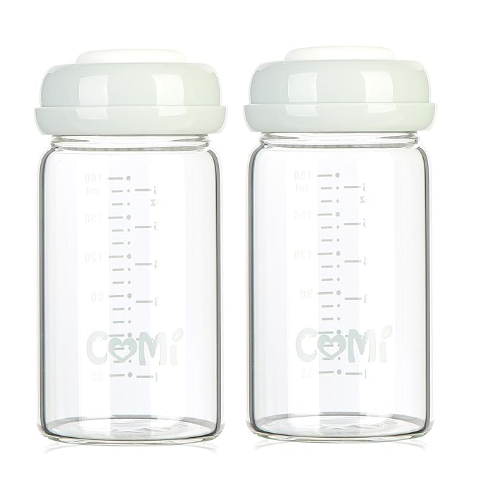 COMI Wide Neck Glass Breastmilk Collection n Storage Bottle, 6oz with Screw Ring Sealing Disk; Re-markable Sealing Disc. BPA Free, Fits Breast Pumps & Nipples (2 Pack Gray Lids)-BubblyBeeBaby