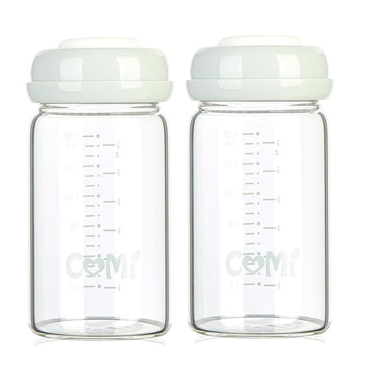 COMI Wide Neck Glass Breastmilk Collection n Storage Bottle, 6oz with Screw Ring Sealing Disk; Re-markable Sealing Disc. BPA Free, Fits Breast Pumps & Nipples (2 Pack Gray Lids)-BubblyBeeBaby