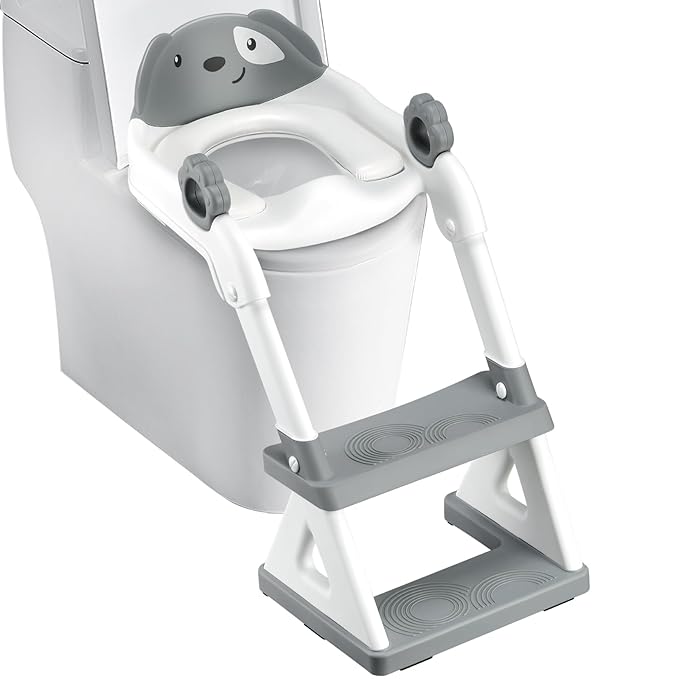 2 In 1 Potty Training Toilet Seat & Toddler Step Stool, Bottom Triangle Stability Toddler Toilet Seat, Adjustable Step & Seat Height Potty Seats (Grey)-BubblyBeeBaby