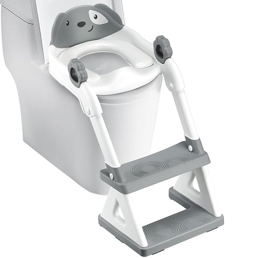 2 In 1 Potty Training Toilet Seat & Toddler Step Stool, Bottom Triangle Stability Toddler Toilet Seat, Adjustable Step & Seat Height Potty Seats (Grey)-BubblyBeeBaby