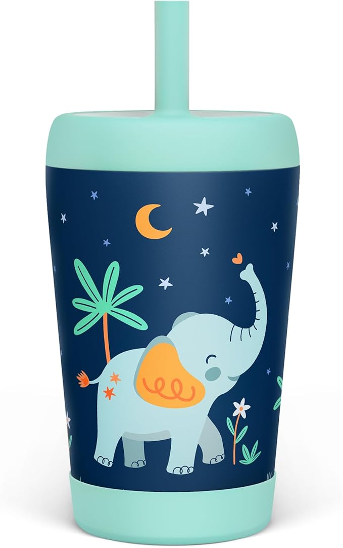 Kid Insulated Stainless Steel Tumbler with Silicone Straw, 12oz Sippy Cup for Kids (Dreamy Elephant)-BubblyBeeBaby