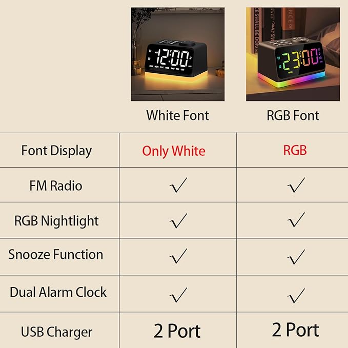 JALL Digital Alarm Clock with FM Radio for Bedroom, 8 Colors Night Light with Charging Port, Sleep Sound Machines with Timer, Dual Alarm (Black with RGB Font)-BubblyBeeBaby