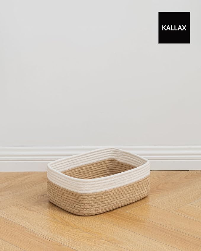 KALLAX Small Woven Basket, 13.5 x 9.5 x 5 Inches, Storage Basket for Organizing, Cute Small Rope Shelf Closet Cube Storage Bins Baskets for Shelves, Dog Toy Gift Baskets Empty, 3 Pack White & Brown-BubblyBeeBaby