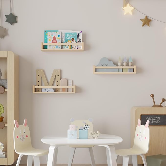 Heimlove Nursery Floating Shelves, Wood Nursery Book Shelves for Wall, 16 inch Wall Bookshelf for Kids Solid Wood Wall Mounted Shelves for Books,Toys and Decor Storage, Set of 2-BubblyBeeBaby