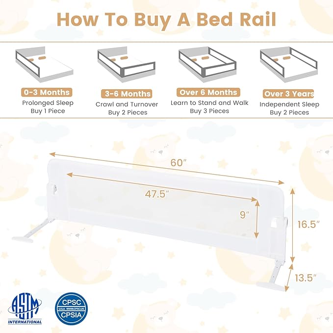 HONEY JOY Bed Rail for Toddlers, 60-Inch Extra Long, Foldable Portable Swing Down Safety Bed Guard Rail, Toddler Bed Rails for Crib, King Queen Full Twin Size Bed Mattress (White)-BubblyBeeBaby