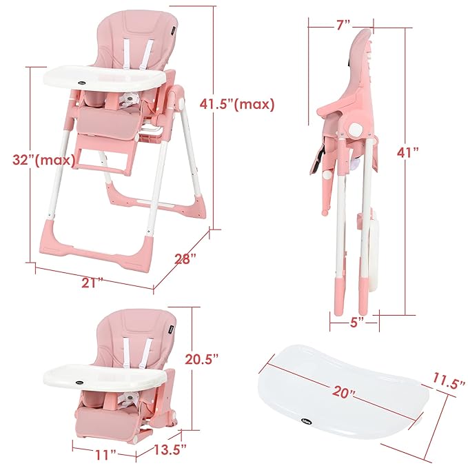 INFANS 4 in 1 High Chair–Booster Seat, Convertible Highchair w/Adjustable Height and Recline,Removable Tray,DetachableCushion, Installation-Free,Simple Fold for Baby, Infant& Toddler (Pink)-BubblyBeeBaby