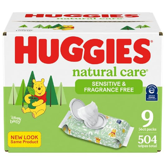 Huggies Natural Care Sensitive Baby Wipes, Unscented, Hypoallergenic, 99% Purified Water, 9 Flip-Top Packs (3 packs of 3), 504 Total Wipes (56 Wipes per pack), Packaging May Vary-BubblyBeeBaby
