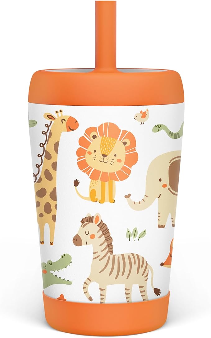 Kid Insulated Stainless Steel Tumbler with Silicone Straw, 12oz Sippy Cup for Kids (Jungle Animals)-BubblyBeeBaby