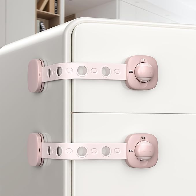 2 Pack Cabinet Locks/Refrigerator Locks Baby Proofing - Child Proof Locks for Drawer, Refrigerator, Fridge, Toilet Seat-No Screws or Tools Required (2 Pack-Pink Locks)-BubblyBeeBaby