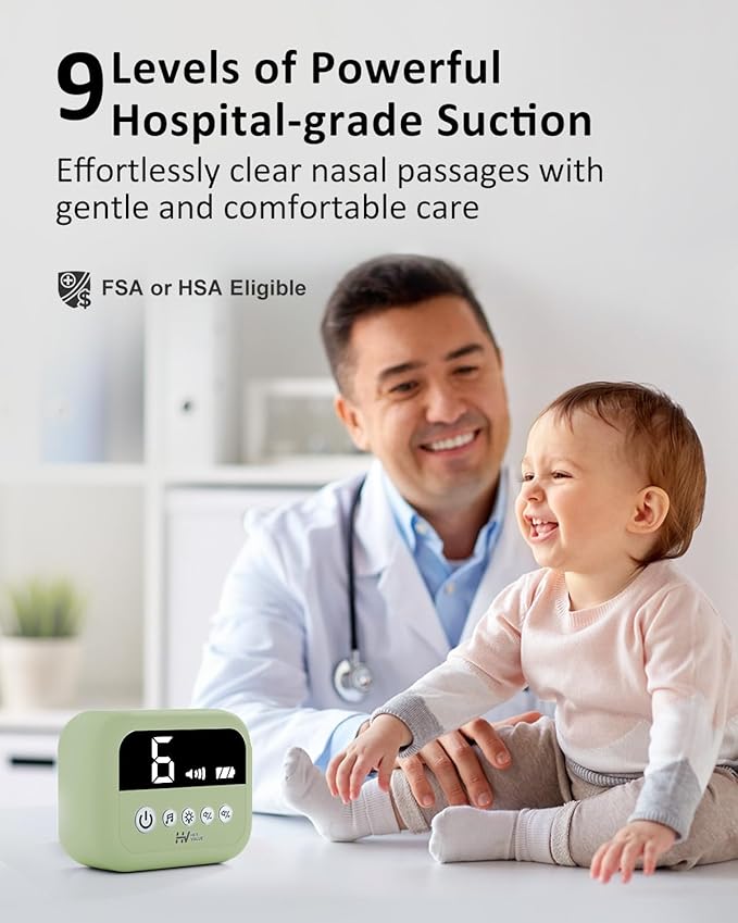 HEYVALUE Nasal Aspirator for Baby, Hospital Grade Nose Sucker with 9 Levels Suction, Night Light and Nursery Rhyme Soothing, Electric Nose Suction for Baby with Food-Grade Silicone Tips Green-BubblyBeeBaby