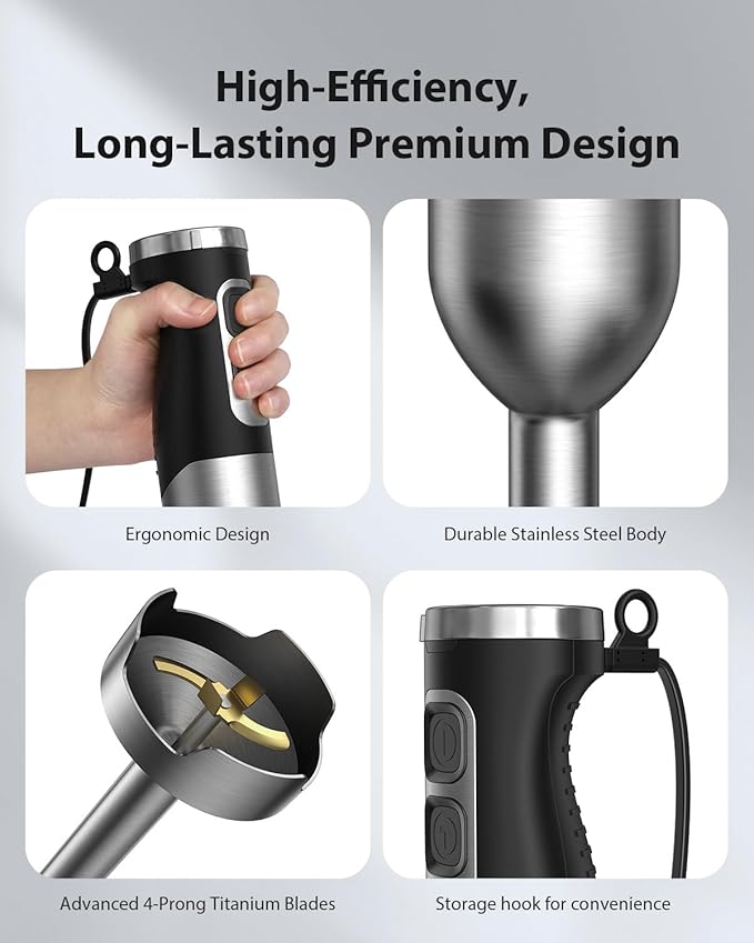 1000W Powerful Immersion Blender Handheld, 2025 New Update Hand Blender with 25-Speed and Heavy-Duty Copper Motor, 4 in 1 Hand Mixer with Chopper, Whisk, Beaker and Wand Silver-BubblyBeeBaby