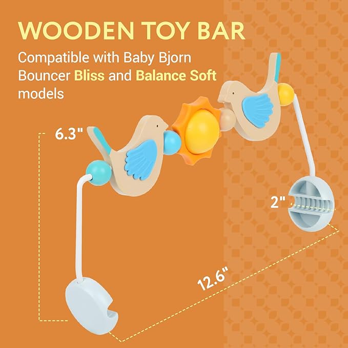 IMPRESA Wooden Baby Arch Toy Attachment Compatible with Baby Bjorn Bouncer, Bird Design to Stimulate Motor Skills, Durable Wooden Toy Bar, Easy to Use Bouncer Accessories-BubblyBeeBaby
