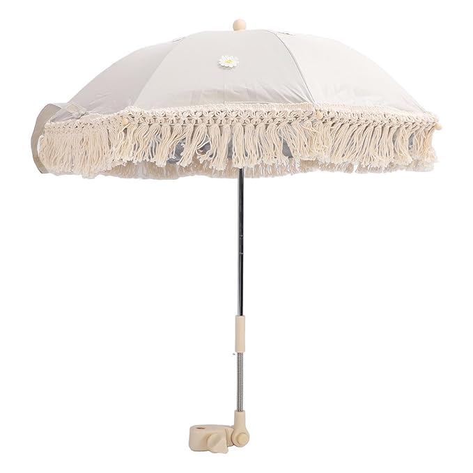 Baby Outdoor Parasols, Baby Stroller Parasol Umbrella with Adjustable Clamp, Toddler Parasol for Trolley Wheelchair Beach Chair, Outdoor Activities (Beige with-BubblyBeeBaby