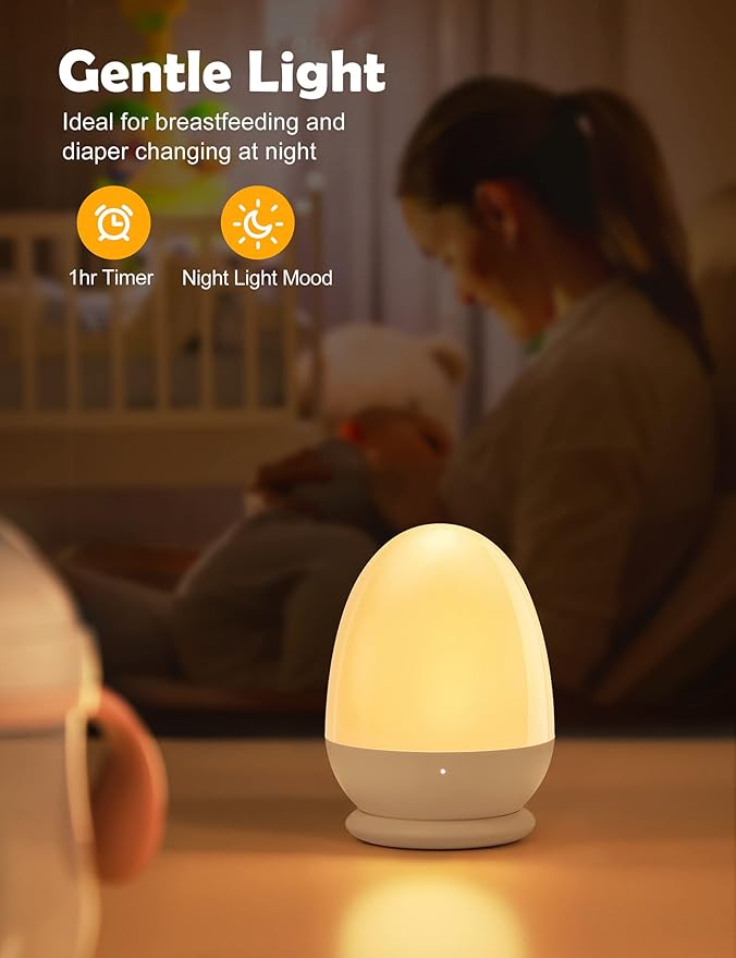 JolyWell Baby Night Light for Kid, Portable Egg Nightlight with Stable Charging Pad, Touch Nursery Night Lamp for Breastfeeding, Toddler Night Light for Bedroom, Timer Setting, ABS+PC, White-2-BubblyBeeBaby