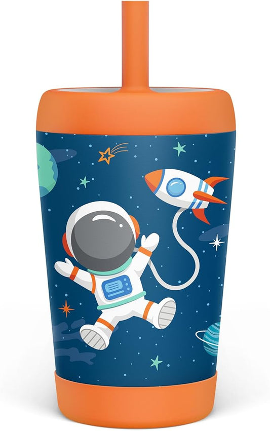 Kid Insulated Stainless Steel Tumbler with Silicone Straw, 12oz Sippy Cup for Kids (Astronaut)-BubblyBeeBaby