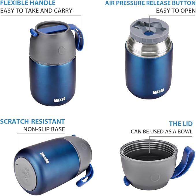 Insulated Thermo Food Jar for Hot & Cold Food for Kids Adult, 17&24 oz Soup Thermal Hot Food Containers for Lunch, Triple Layer Insulation Stainless Steel Food Jar with Spoon (2 Pack Blue)-BubblyBeeBaby