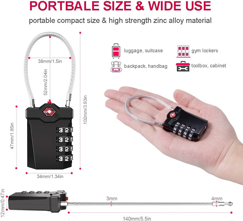 ZHEGE TSA Approved Luggage Lock, Travel Lock, 10,000 Combination Options, 5.5in Flexible Cable, Easy to Use, Secure & Solid, Suitable for Suitcase, Backpack, Briefcase (1 Pack, Black)