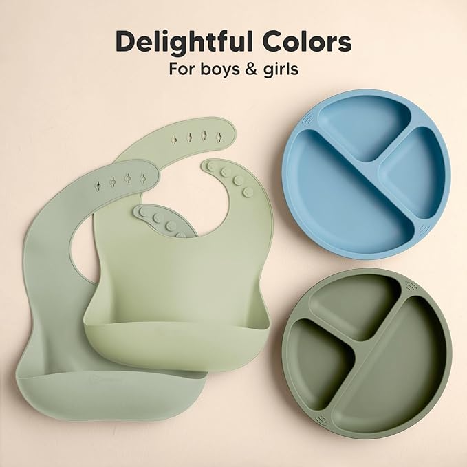 KeaBabies 2-Pack Silicone Baby Bibs for Eating - Sturdy Food-Grade Silicone Bibs for Babies Girl, Boy, Large Food Catcher, Clean & Put On Easily, Waterproof Toddler Feeding Essentials (Sage)-BubblyBeeBaby