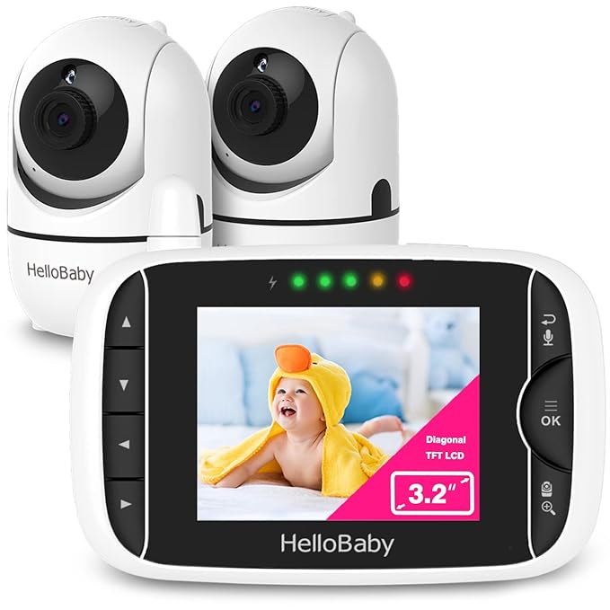 HelloBaby Video Baby Monitor with 2 Cameras and Audio. Baby Monitor with Remote Pan/Tilt/Zoom, VOX Mode, Night Vision, 2-Way Talk, 8 Lullabies-BubblyBeeBaby