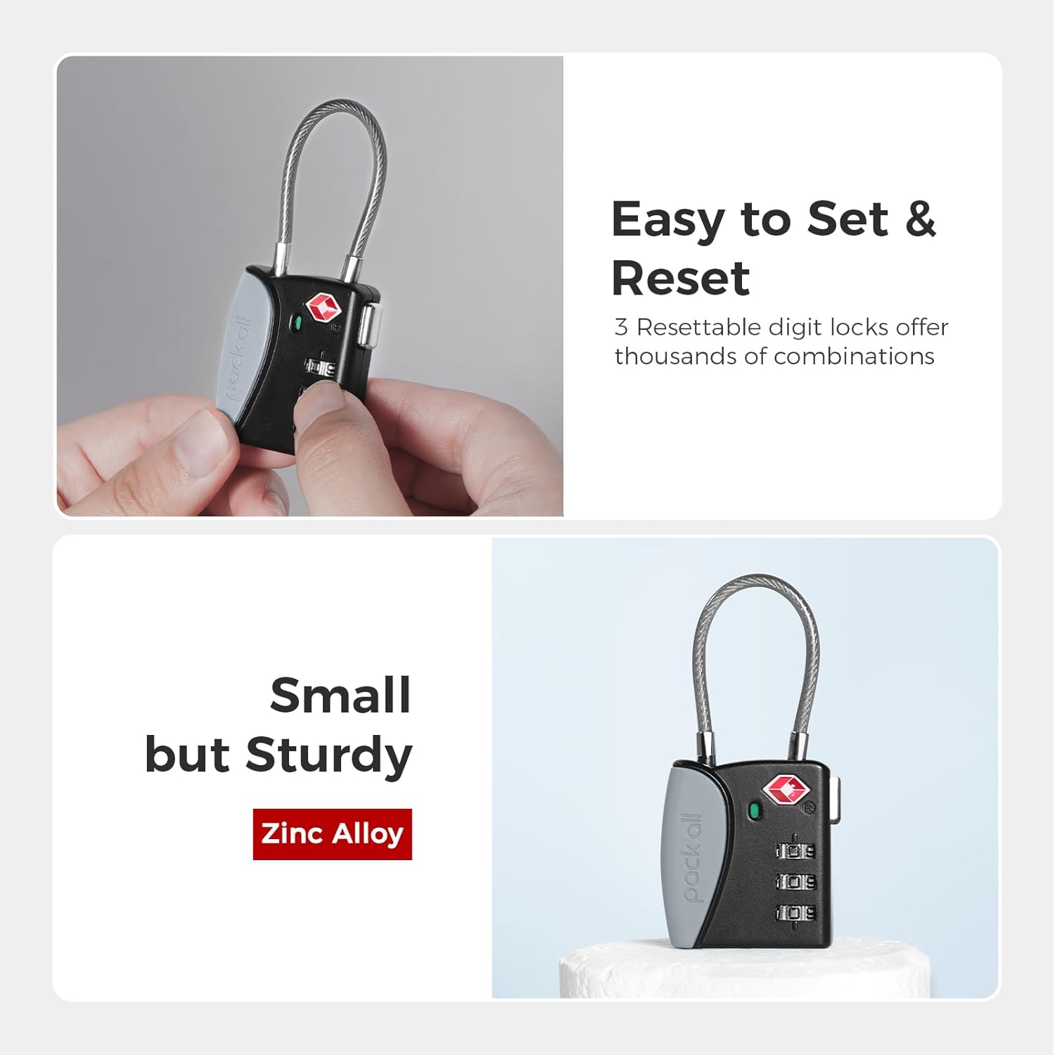 pack all TSA Approved Cable Luggage Locks, 3 Digit Combination Padlocks, Travel Lock for Suitcases & Bag, Alloy Body, Travel Accessories (1 Pack)（Grey）