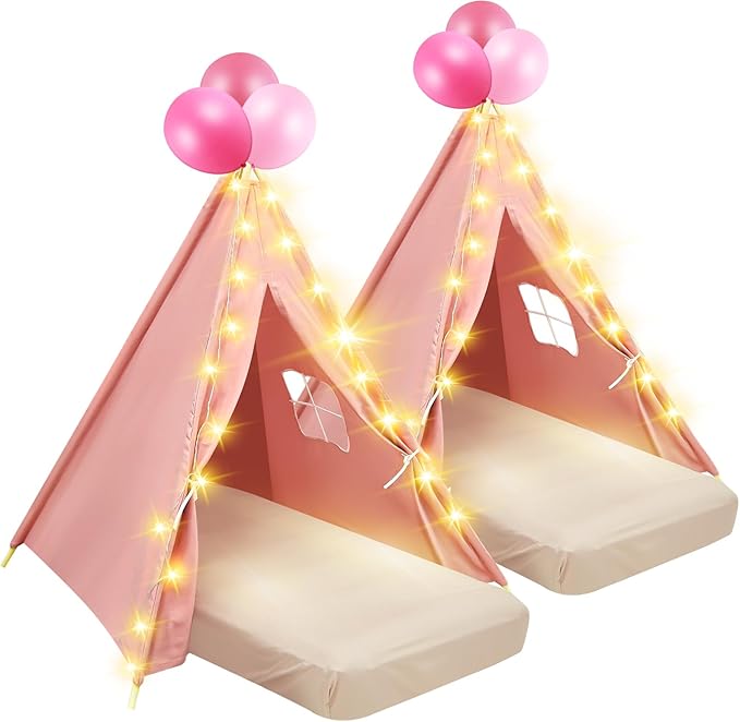 2 Pack Kids Teepee Tent with Mattress,Fitted Sheet,Light String,Washable Natural Cotton Toddler Play Tent for Girls Boys Indoor Outdoor Sleepover Slumber Birthday Party(Pink)-BubblyBeeBaby