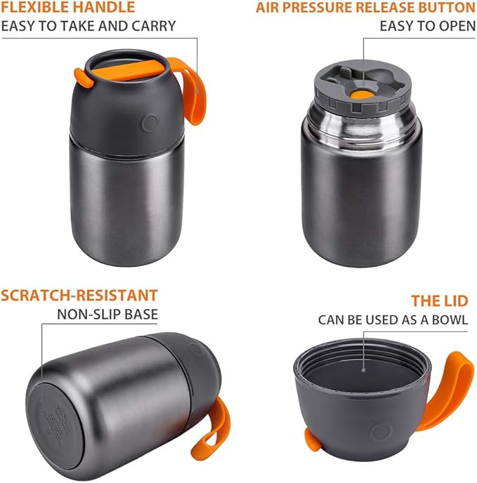 Insulated Thermo Food Jar for Hot & Cold Food for Kids Adult, 17&24 oz Soup Thermal Hot Food Containers for Lunch, Triple Layer Insulation Stainless Steel Food Jar with Spoon (2 Pack Grey)-BubblyBeeBaby