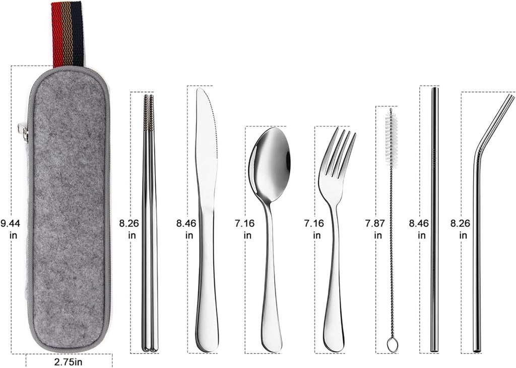 DEVICO Portable Utensils, Travel Camping Cutlery Set, 8-Piece including Knife Fork Spoon Chopsticks Cleaning Brush Straws Portable Case, Stainless Steel Flatware set (Silver)