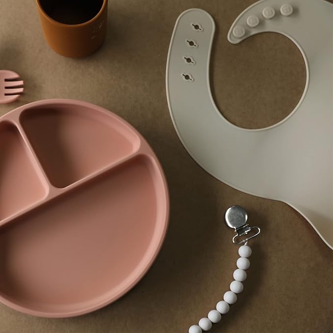 Moonkie Silicone Baby Bibs Set Of 2, BPA Free Soft Adjustable Fit Waterproof Feeding Bibs for Babies and Toddlers(Dark Grey/Warm Taupe)-BubblyBeeBaby