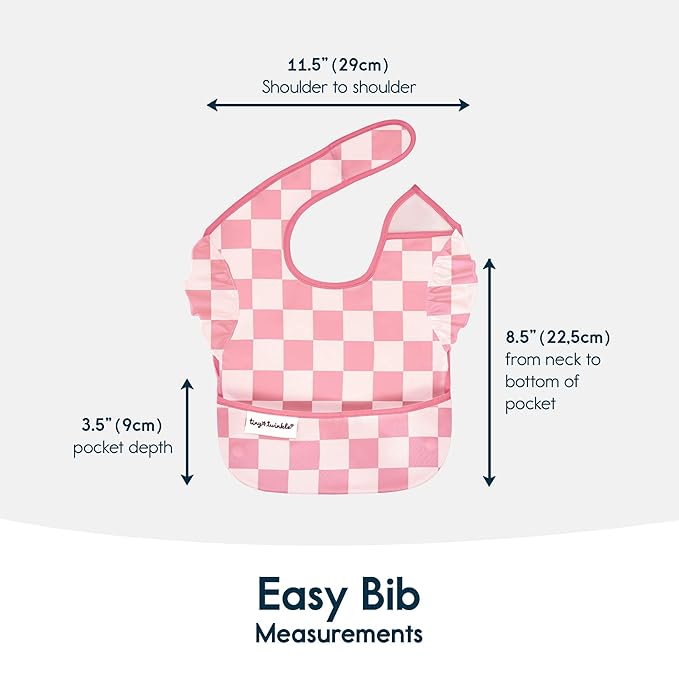 Tiny Twinkle Mess Proof Baby Bibs for Eating - Waterproof, Wipeable Bibs - Toddler Bibs - Travel Friendly - PFAS, PVC, BPA, Phthalate Free - Baby Food Bibs(3 Pack,Checkers Girl)-BubblyBeeBaby
